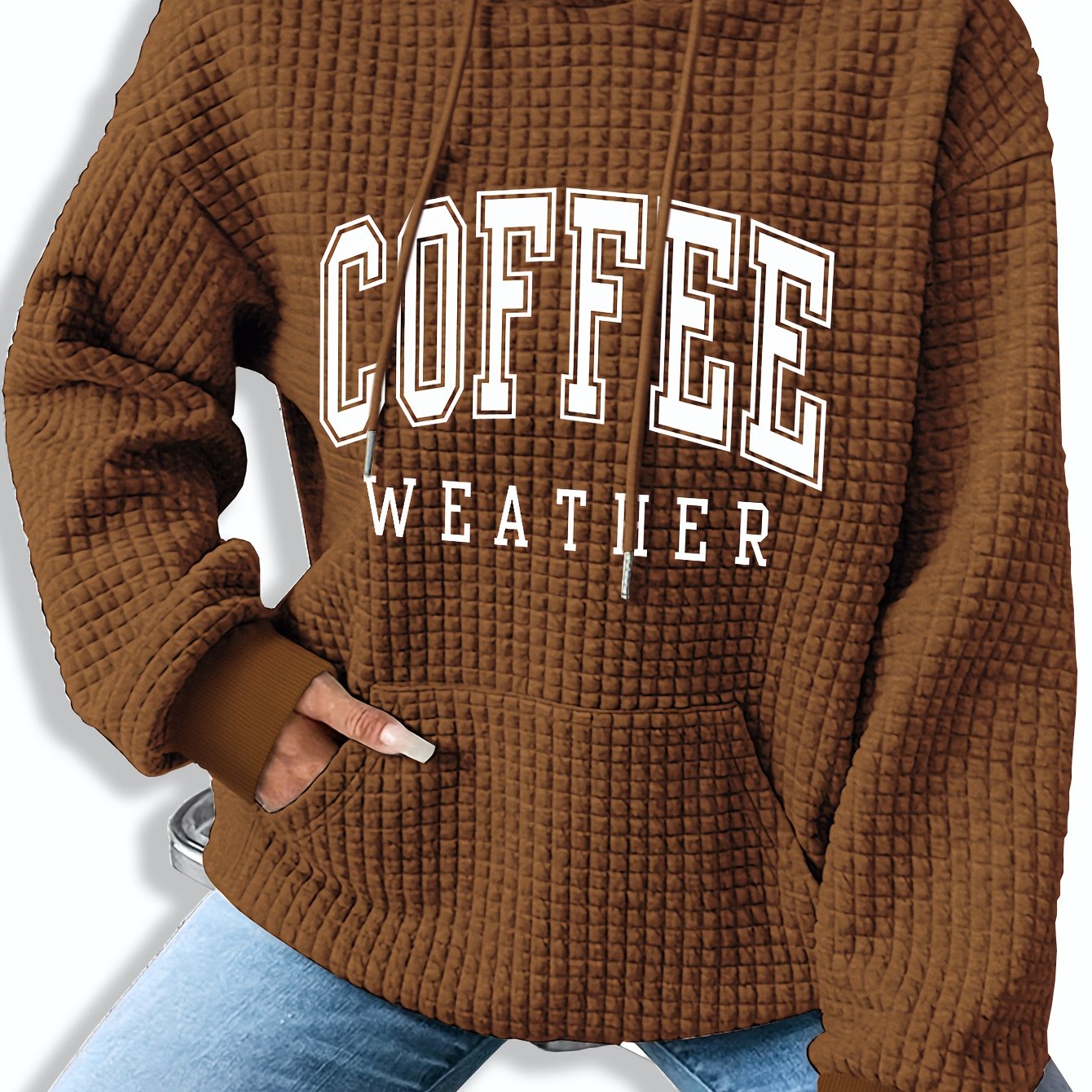 Women's Coffee Weather Letter Print Waffle Hoodie - 95% Polyester 5% Spandex, Kangaroo Pocket, Ribbed Cuffs