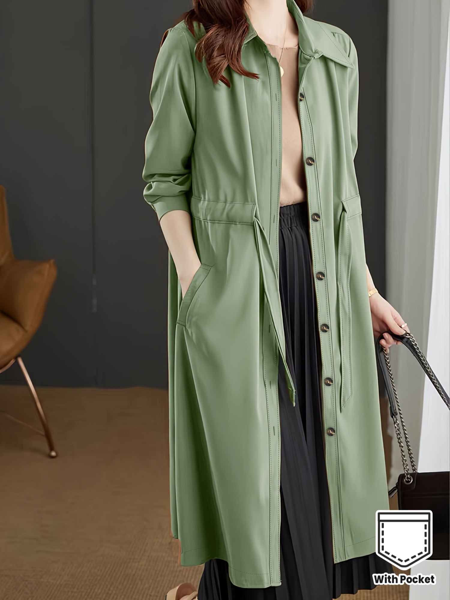 Plus Size - Plus Size - Women'S Lightweight Long Sleeve Trench Coat - Olive Green, Button-Up Front