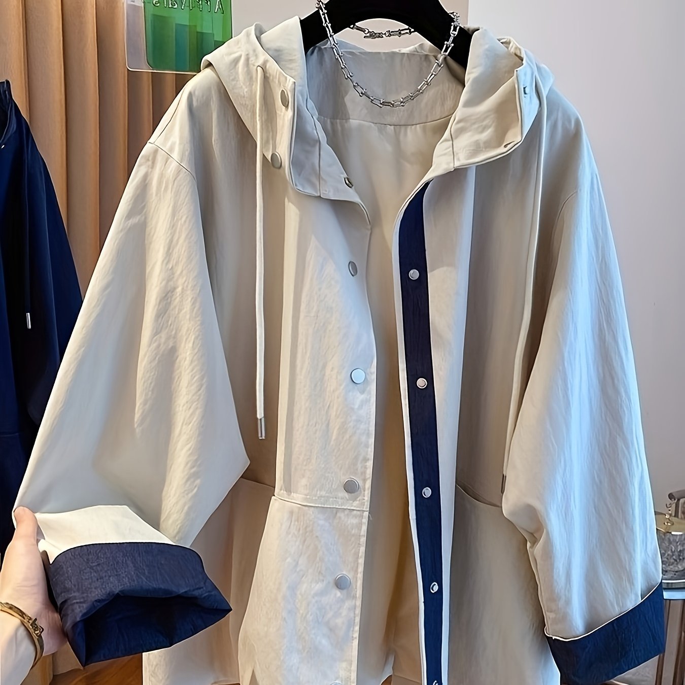 Women'S Hooded Windbreaker Jacket - Two-Tone Beige & Navy, Mid-Length Raincoat with Front Button Closure