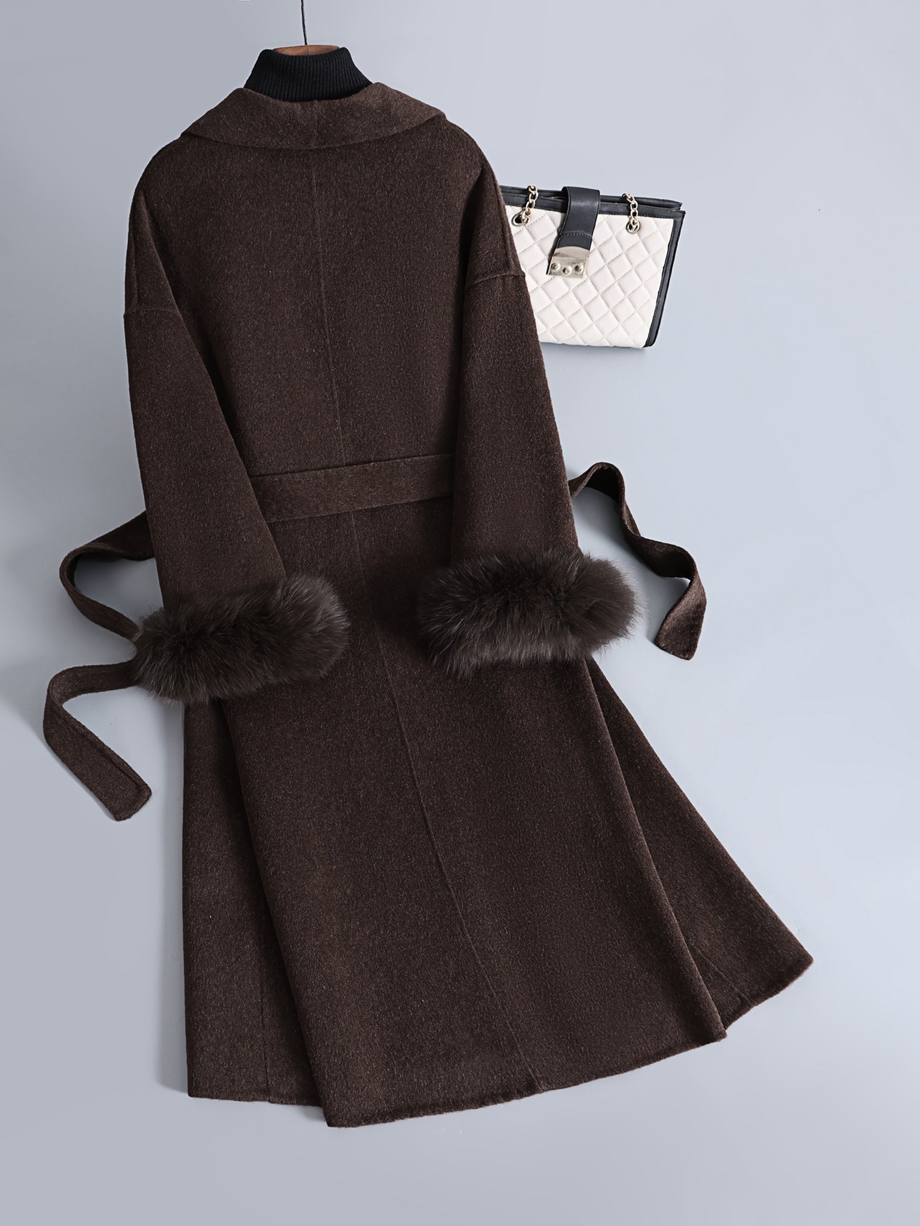Luxurious Elegant Mocha Dark Brown Wool Blend Long Trench Coat with Large Lapel and Tie