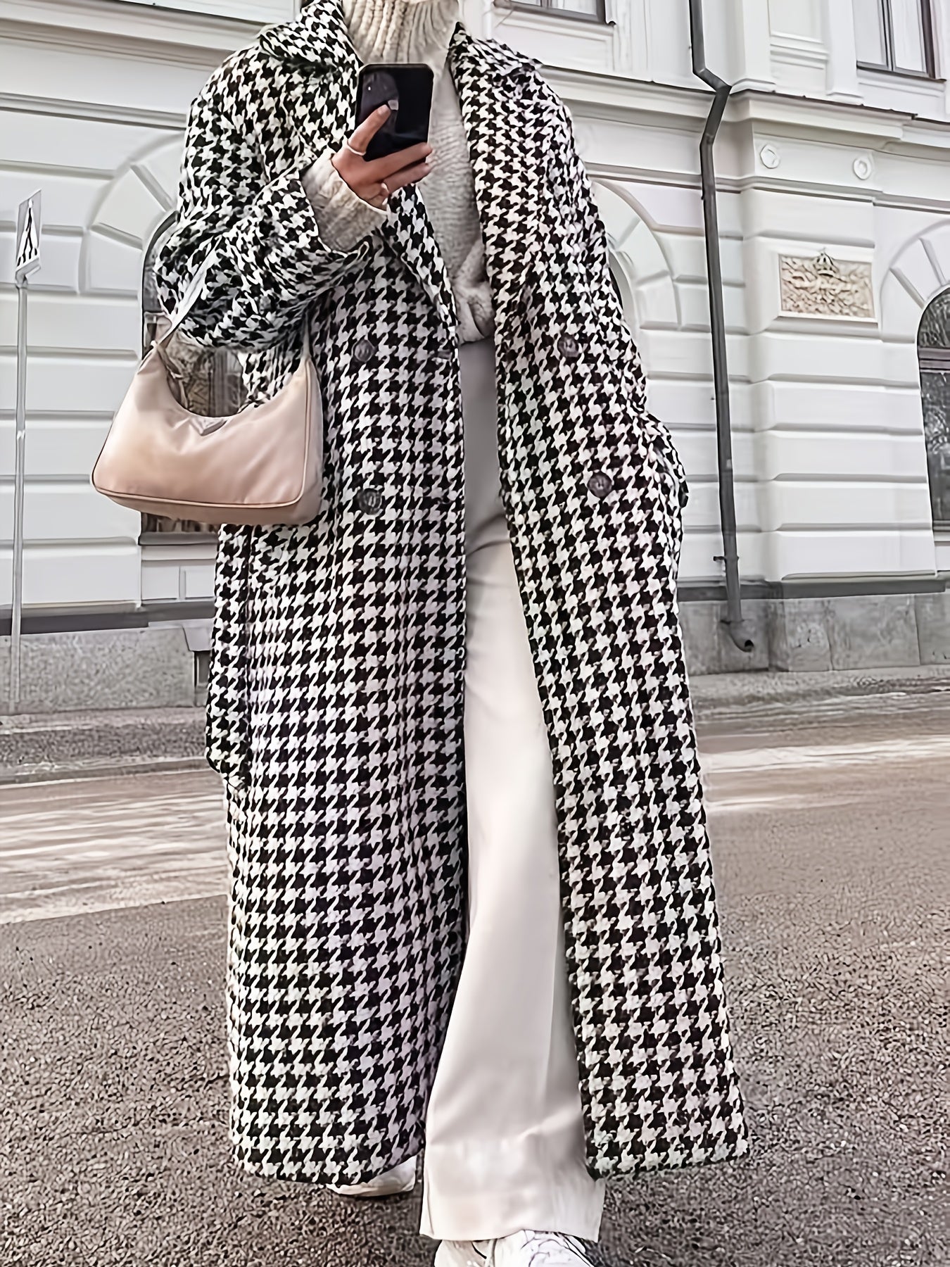 Women'S Elegant Houndstooth Trench Coat - Long Formal & Everyday Outerwear, Double Button Closure