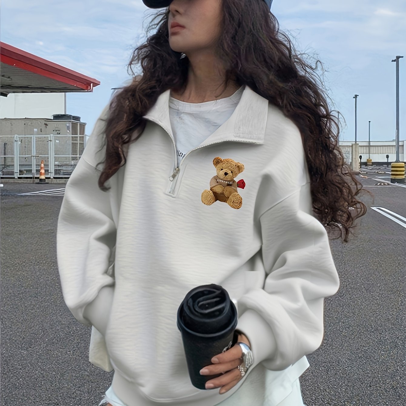 Women's Cute Teddy Bear & Heart Collar Sweatshirt - Cozy Collar Pullover Sweater, Black Casual Winter Sweater Jacket