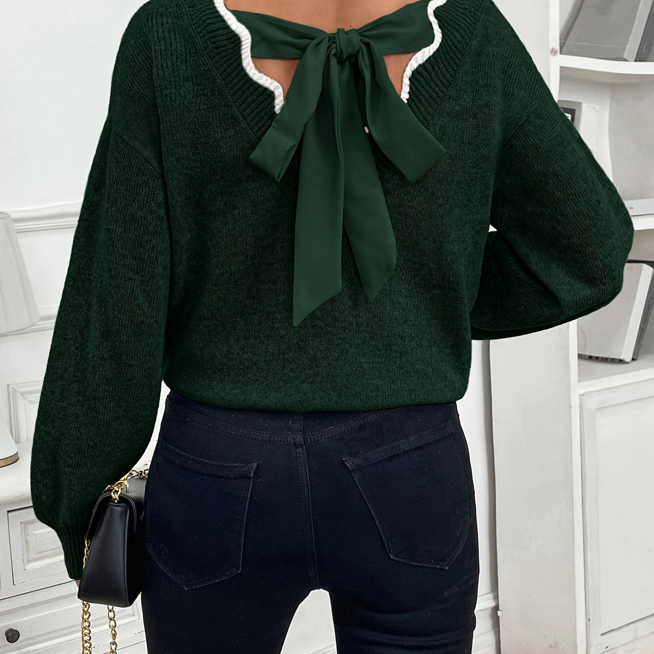 Women'S Elegant French-Inspired V-Neck Sweater with Back Bow - Long Sleeve, Loose Fit, Solid Color