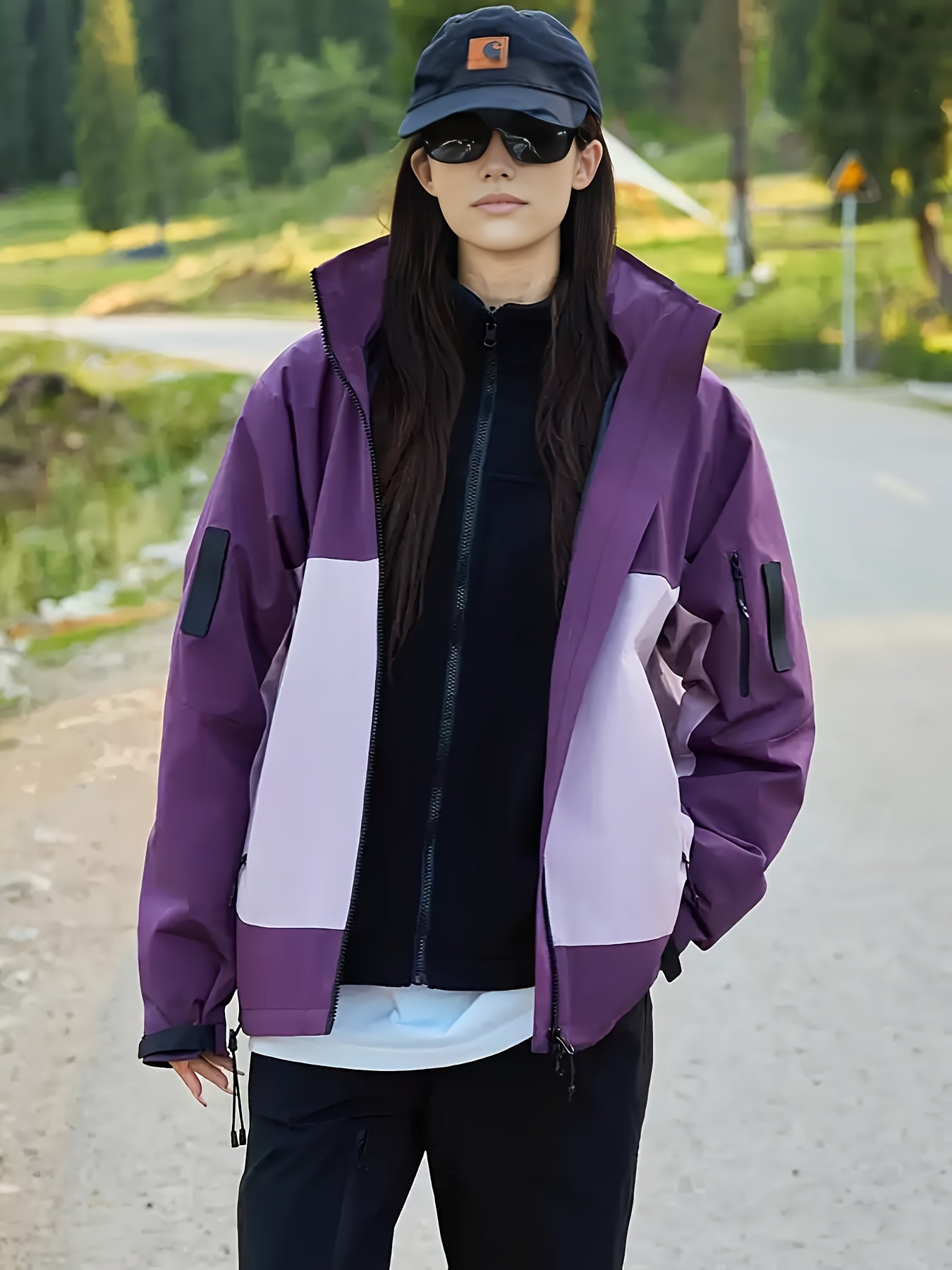 Women's Windproof Jacket - Hooded Zipper Closure Winter Coat, Purple & Black colorblock
