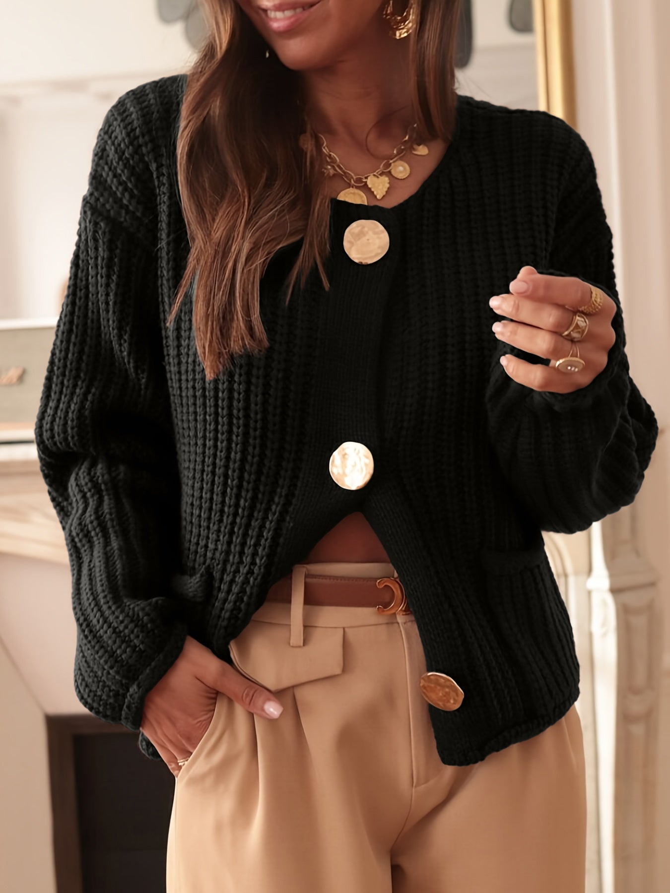Loose Cardigan, Elegant Brown Crew Neck with Golden Buttons, Fashionable and Versatile