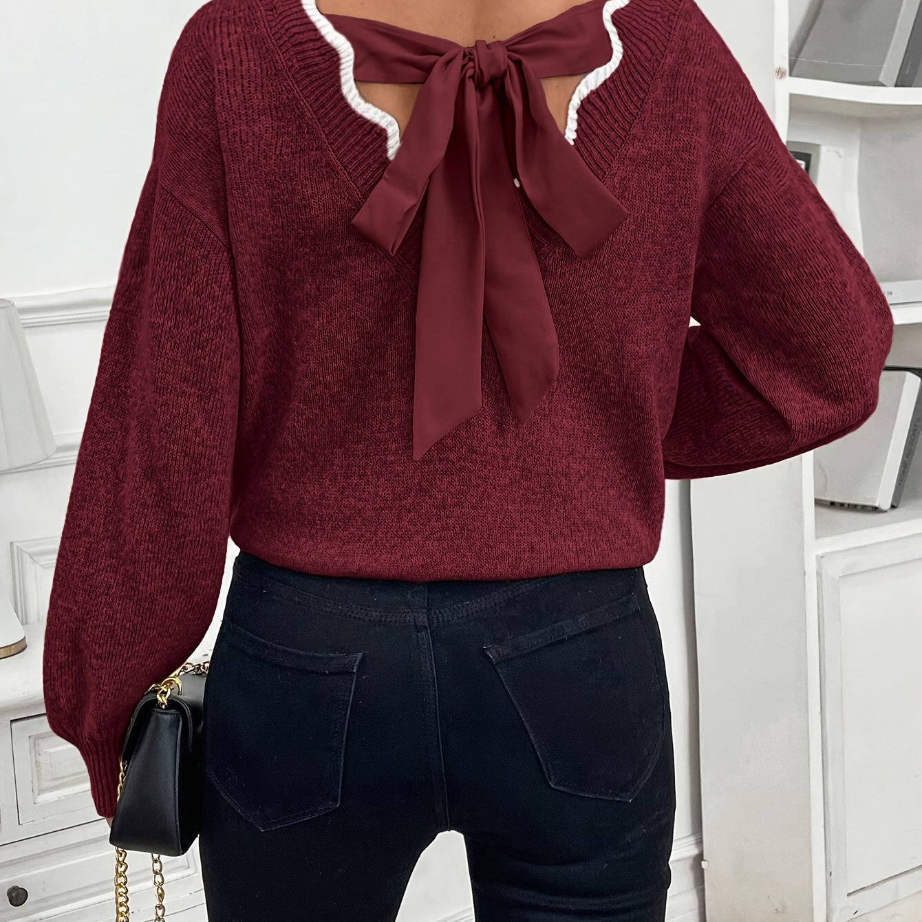 Women'S Elegant French-Inspired V-Neck Sweater with Back Bow - Long Sleeve, Loose Fit, Solid Color