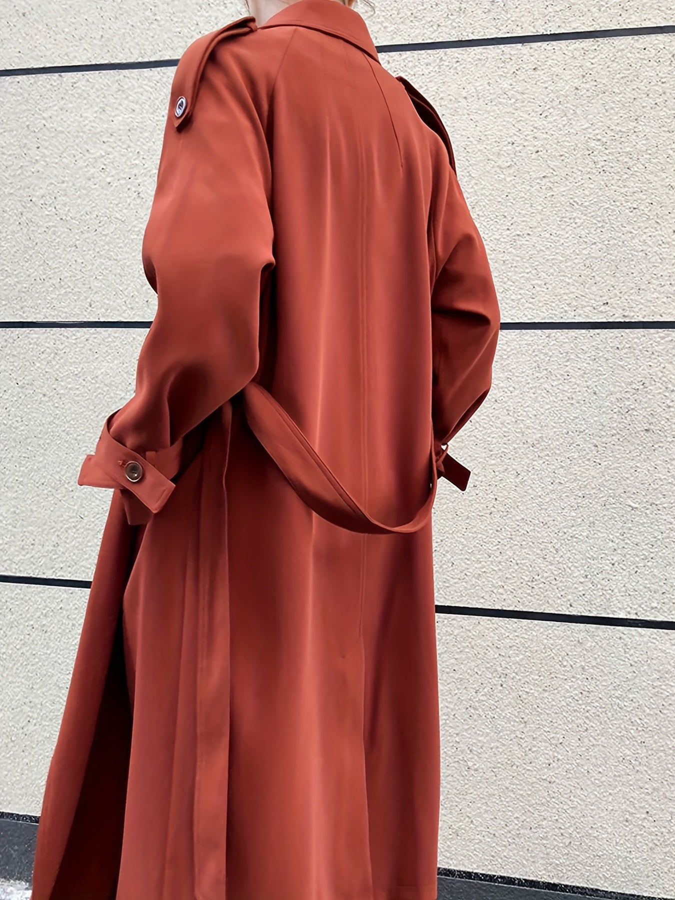 Elegant Orange Red Double-Breasted Trench Coat for Women - Loose Fit, Long Style, Polyester