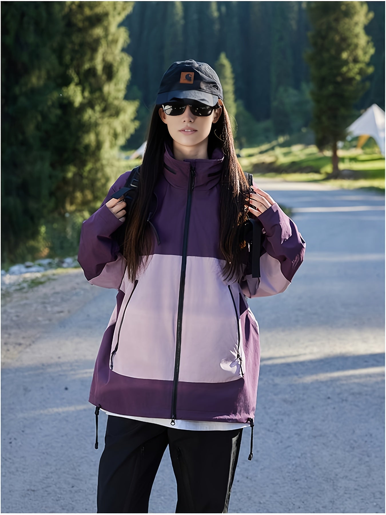 Women's Windproof Jacket - Hooded Zipper Closure Winter Coat, Purple & Black colorblock