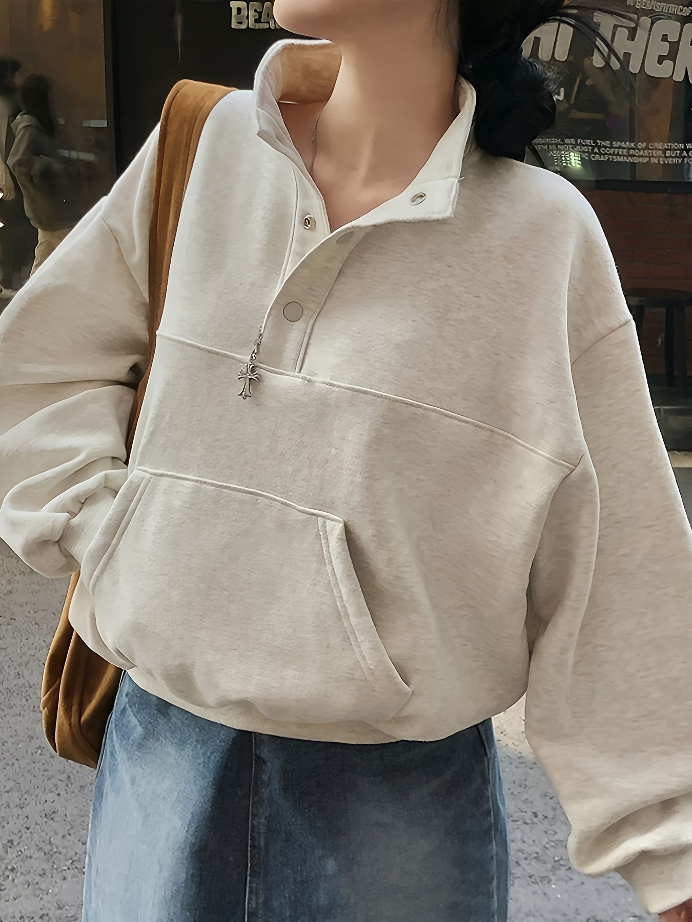 Solid Color Women's Elegant Stand Collar Fleece-Lined Sweatshirt - Long Sleeve Pullover with Pockets