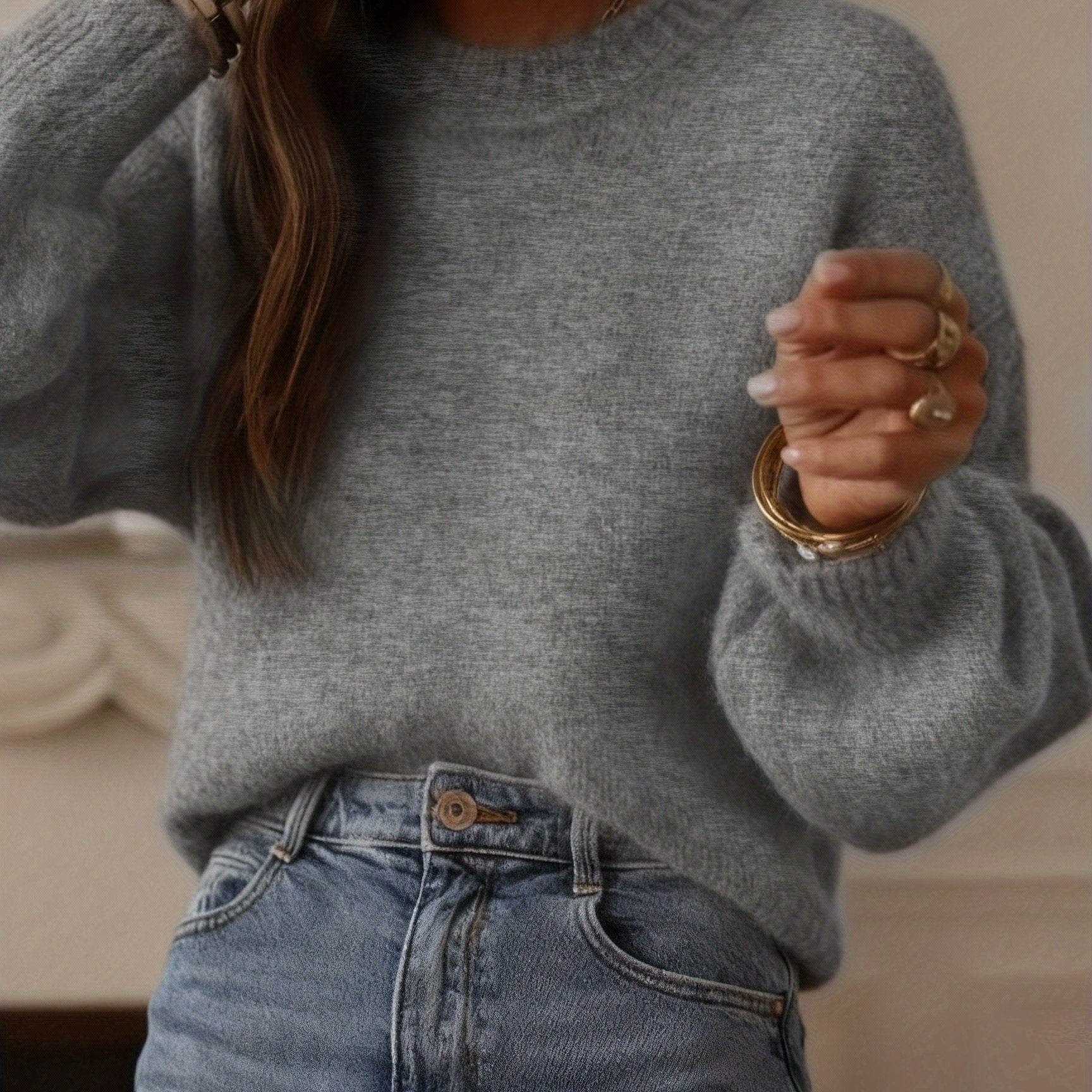 Elegant Oversized Sweater Soft Elegant Women's Beige Oversized Round Neck Sweater