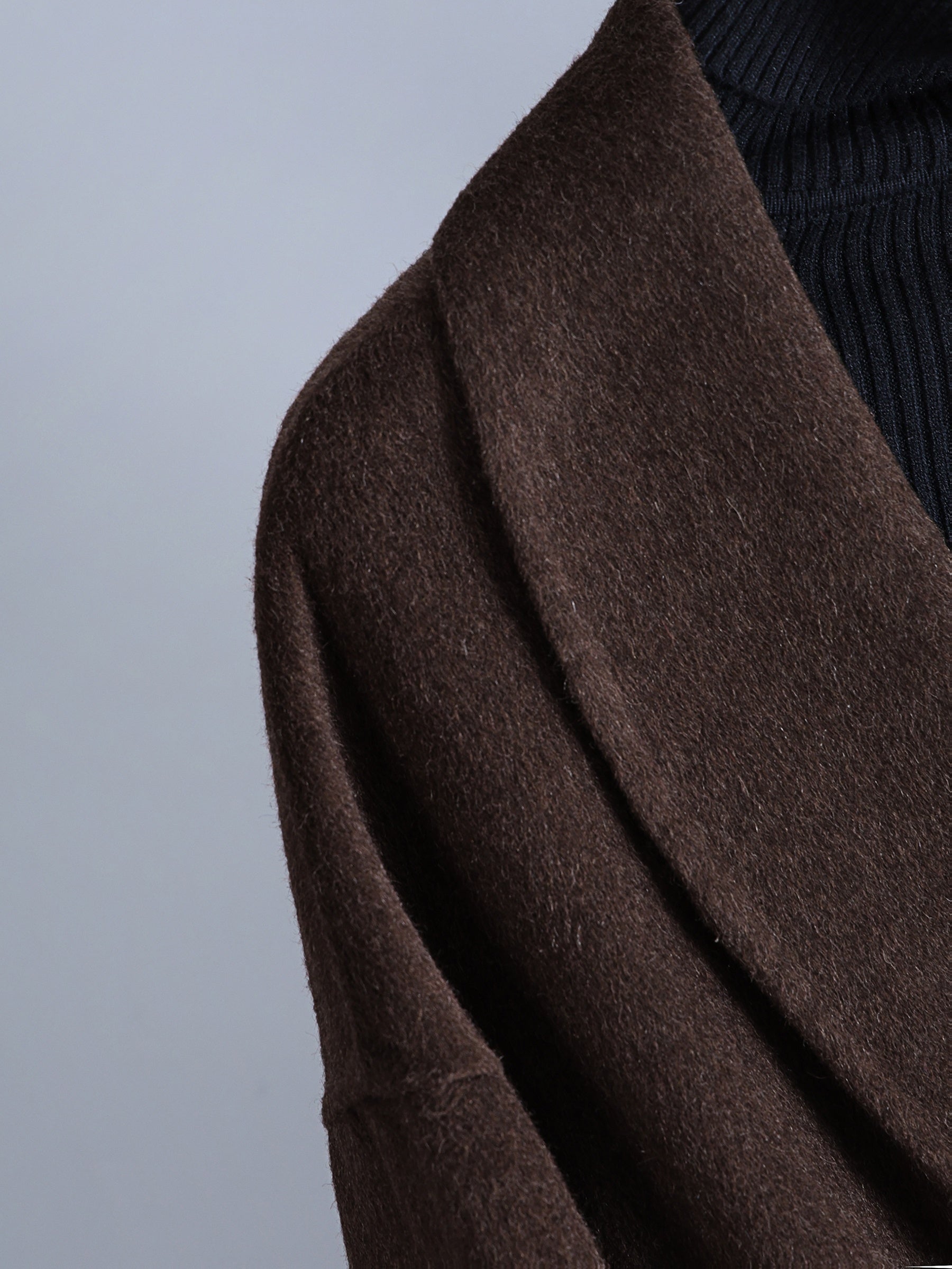 Luxurious Elegant Mocha Dark Brown Wool Blend Long Trench Coat with Large Lapel and Tie