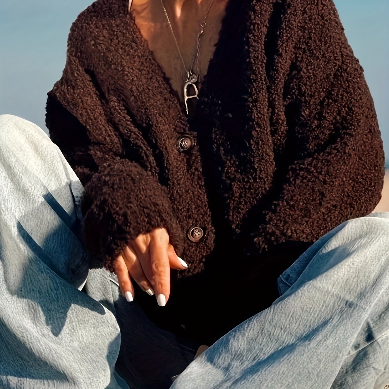 Plus Size - Women'S Plus Size Elegant V-Neck Cardigan - Cozy Fleece-Lined Oversized Sweater with Button Front