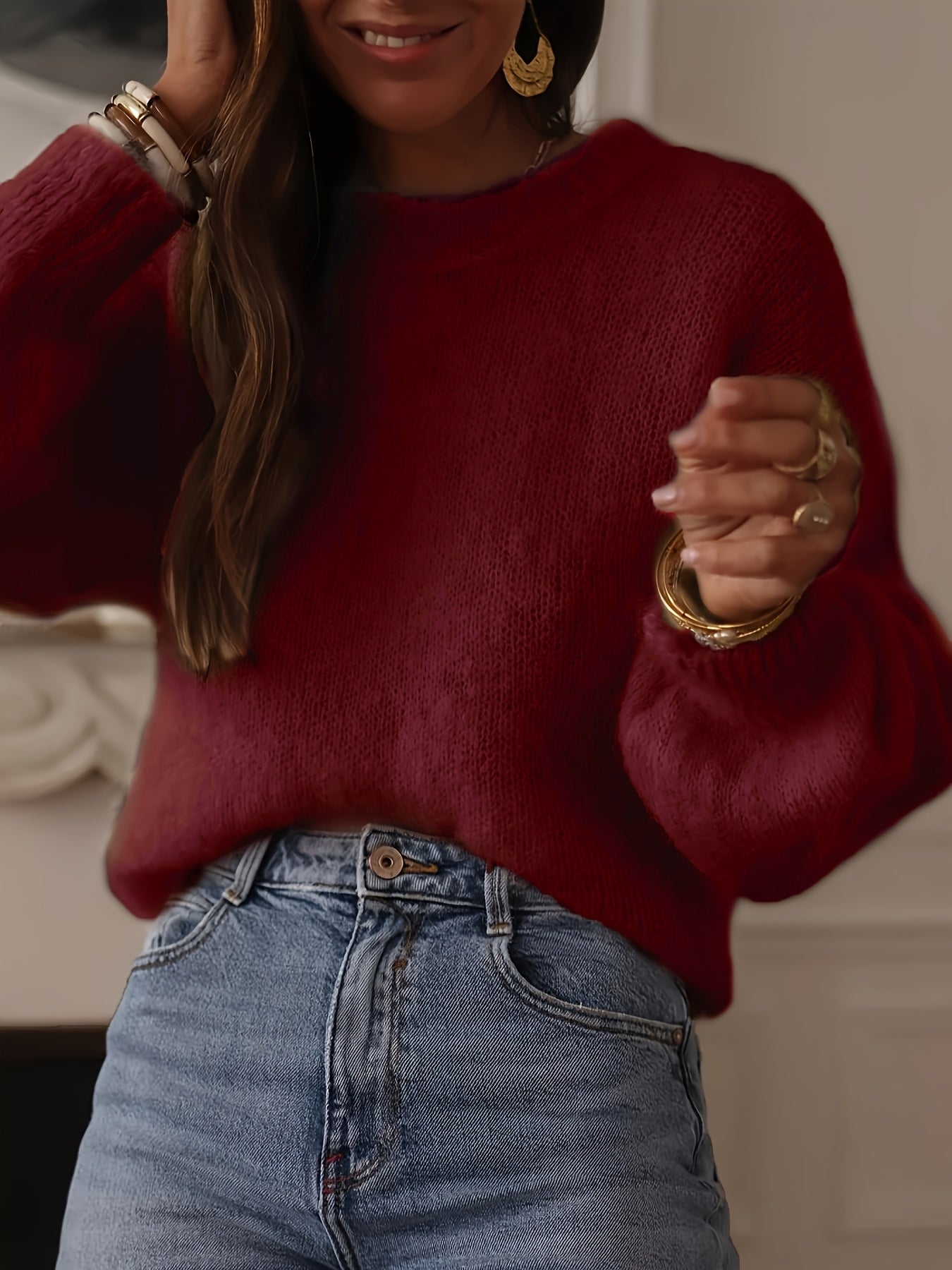 Elegant Oversized Sweater Soft Elegant Women's Beige Oversized Round Neck Sweater