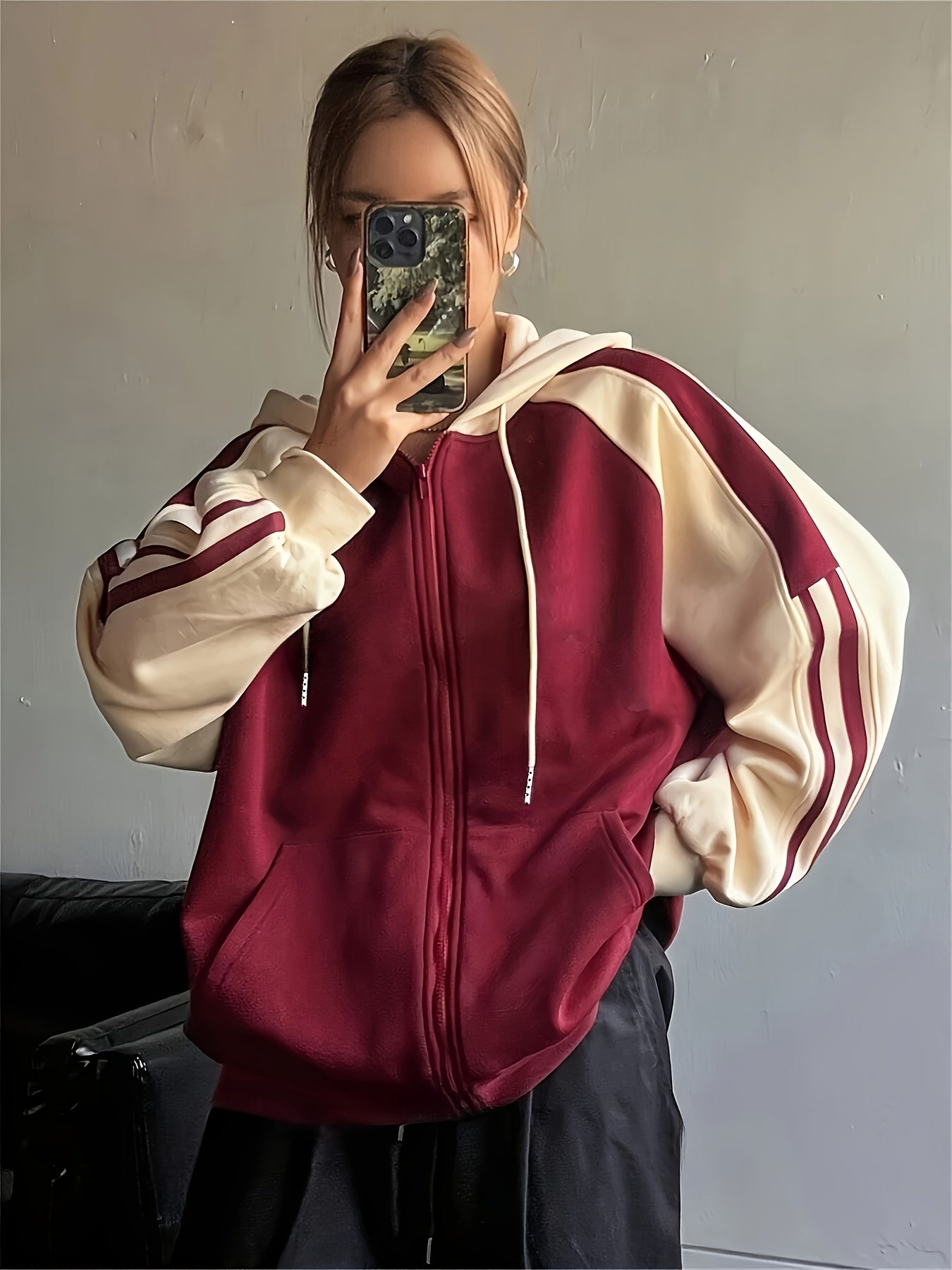 Plus Size, Women's Burgundy & Color-Block Hooded Oversized Sweatshirt Jacket - White Piping Trim