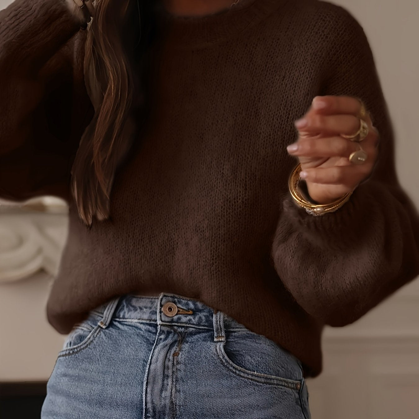 Elegant Oversized Sweater Soft Elegant Women's Beige Oversized Round Neck Sweater