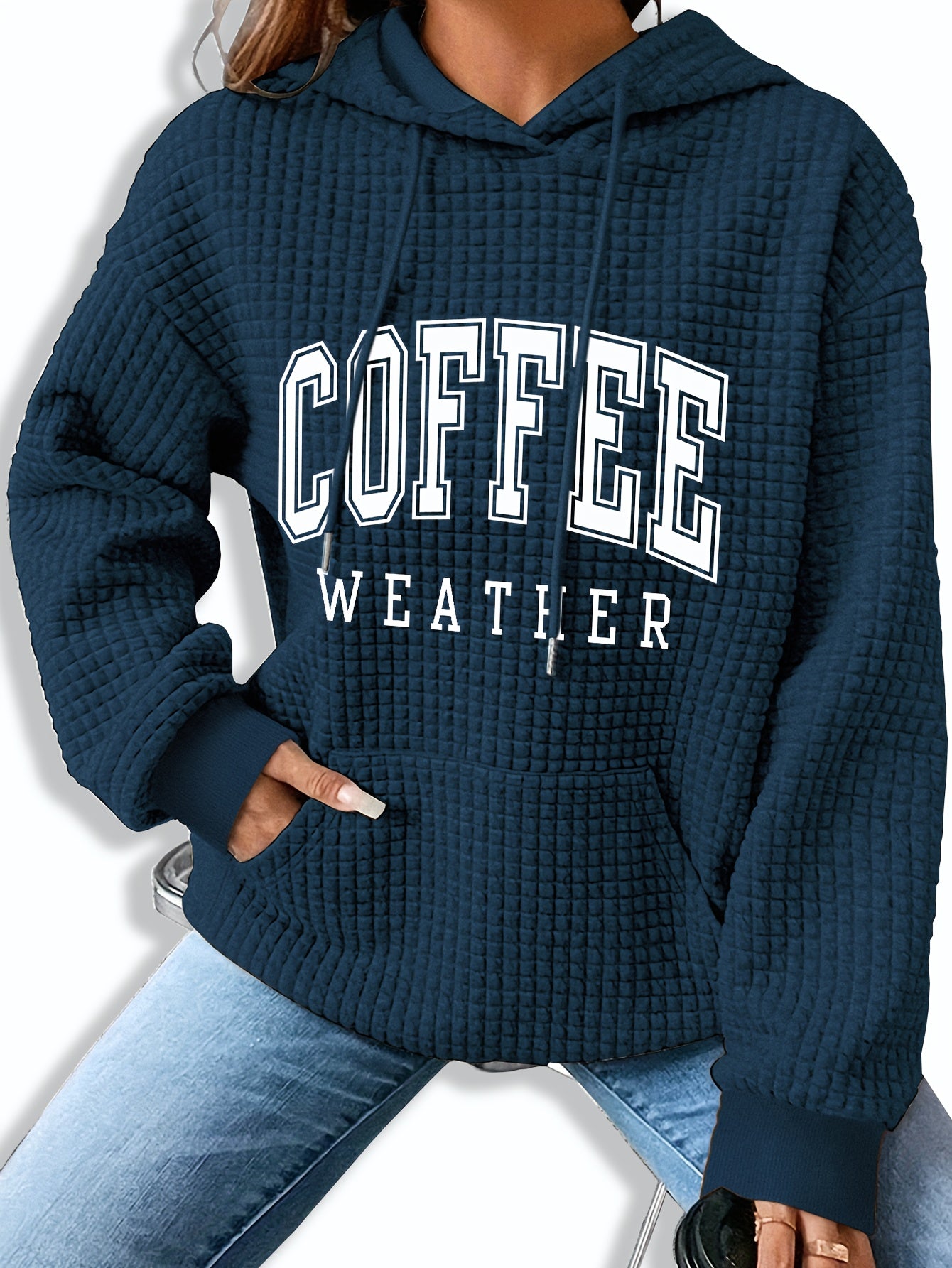 Women's Coffee Weather Letter Print Waffle Hoodie - 95% Polyester 5% Spandex, Kangaroo Pocket, Ribbed Cuffs