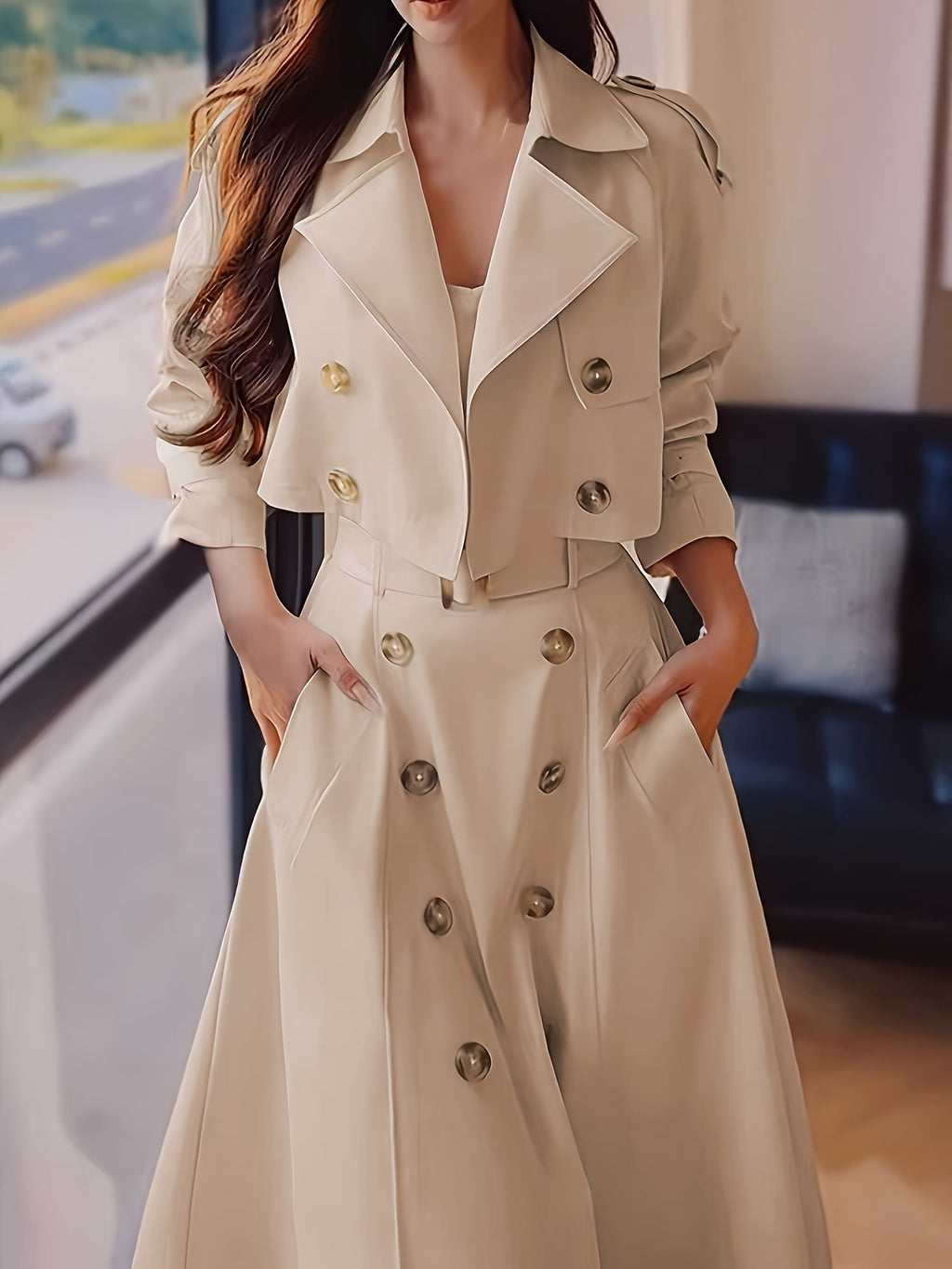 Women'S Chic Beige Double-Breasted Trench Coat & Skirt Set - Long Sleeve, Button-Up, Solid Color