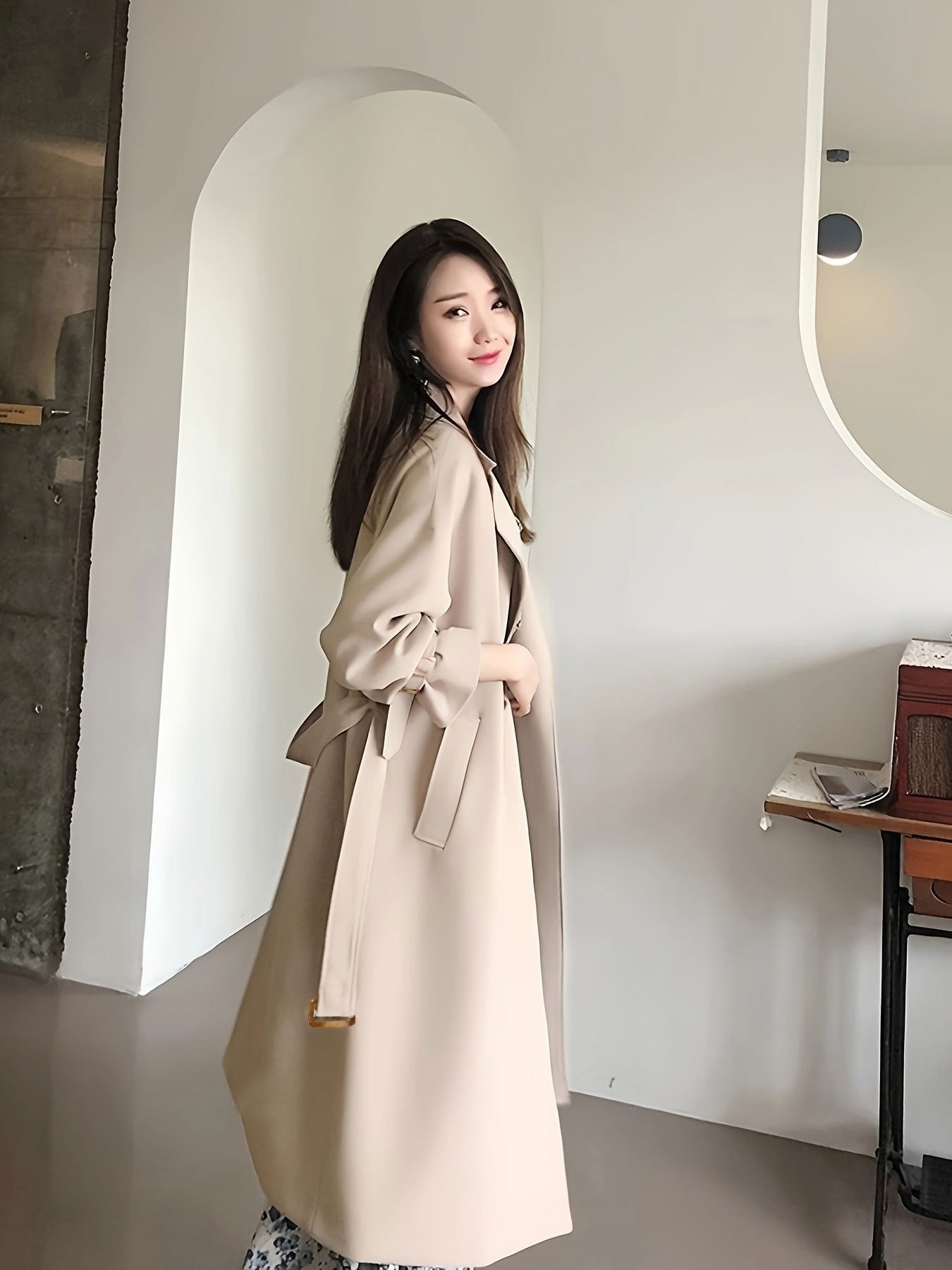 Women's Elegant Mid-Length Trench Coat - Lightweight Beige Windbreaker for Petite Women, Friendly