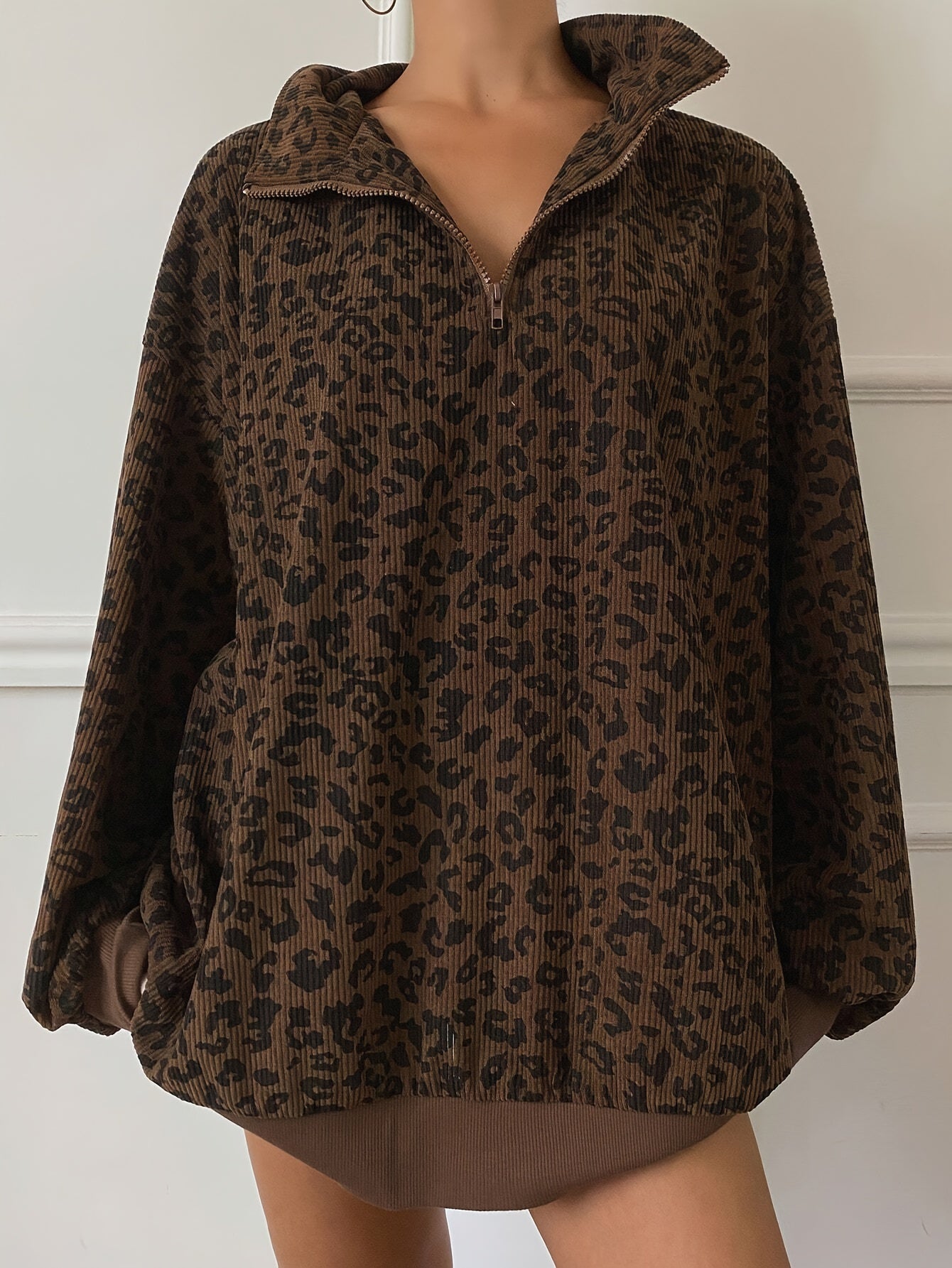 Leopard Print Hoodie Leopard Print Women's Casual Zip-Up Hoodie - Long Sleeve, Loose Fit