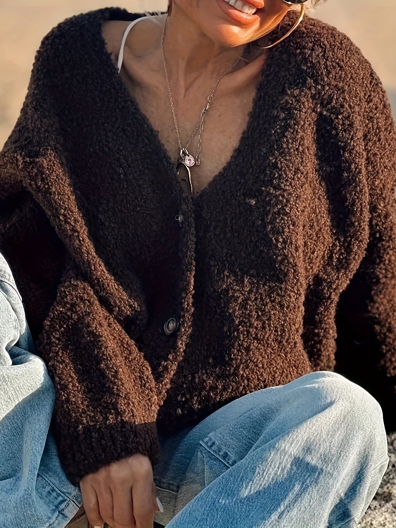 Plus Size - Women'S Plus Size Elegant V-Neck Cardigan - Cozy Fleece-Lined Oversized Sweater with Button Front