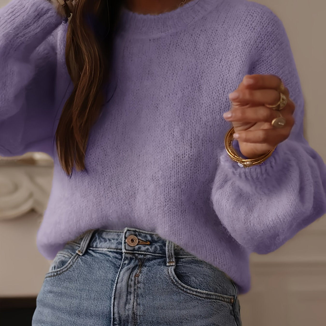 Elegant Oversized Sweater Soft Elegant Women's Beige Oversized Round Neck Sweater