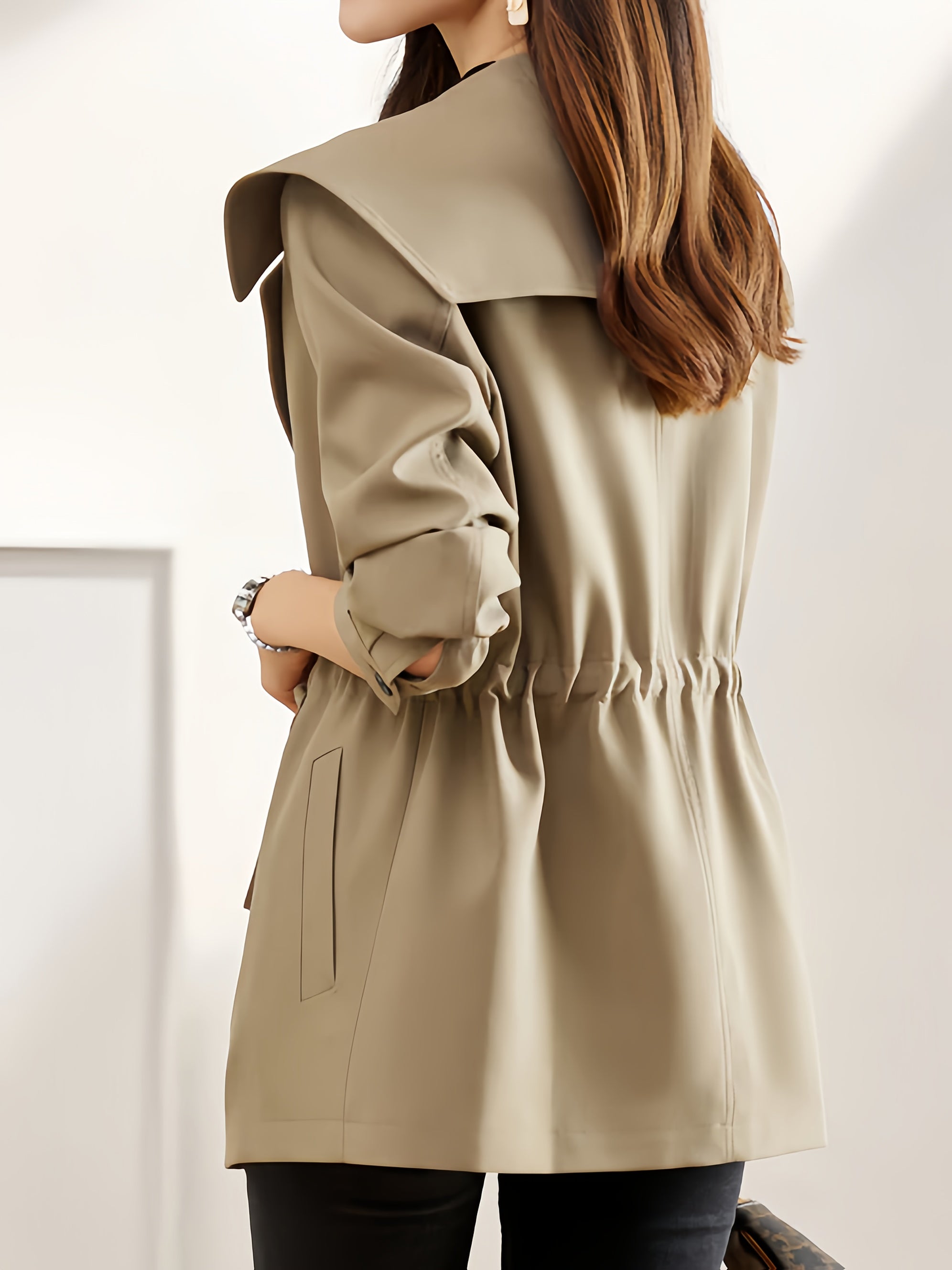 Women'S Chic Trench Coat with Belted Waist - Casual Double-Breasted Blazer for Spring & Fall, Button-Up Front