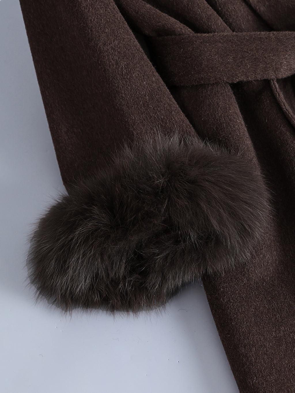 Luxurious Elegant Mocha Dark Brown Wool Blend Long Trench Coat with Large Lapel and Tie