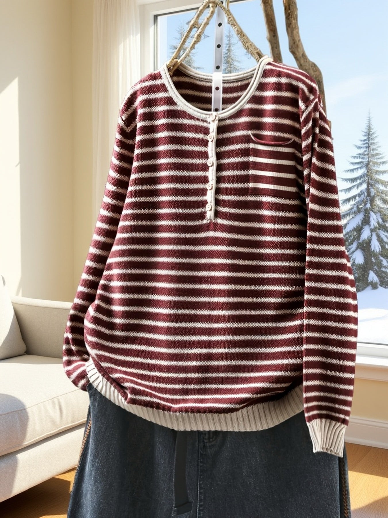 Cozy Plus Size Sweater Plus Size Women's Casual Striped Color-Block Long Sleeve Sweater