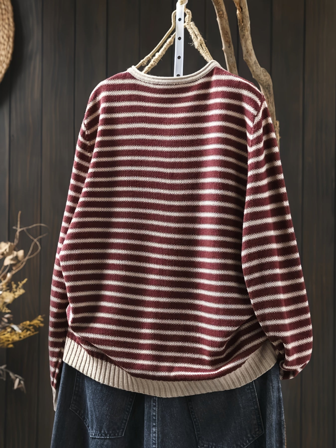Cozy Plus Size Sweater Plus Size Women's Casual Striped Color-Block Long Sleeve Sweater