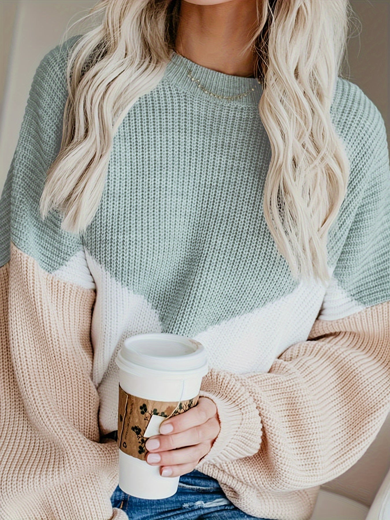 Ultra-Soft Polyester Pullover Sweater for Women - Casual Color Block Design with Teal, White