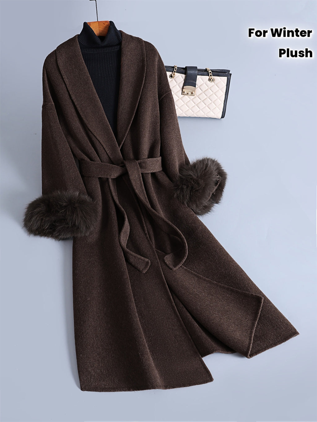 Luxurious Elegant Mocha Dark Brown Wool Blend Long Trench Coat with Large Lapel and Tie