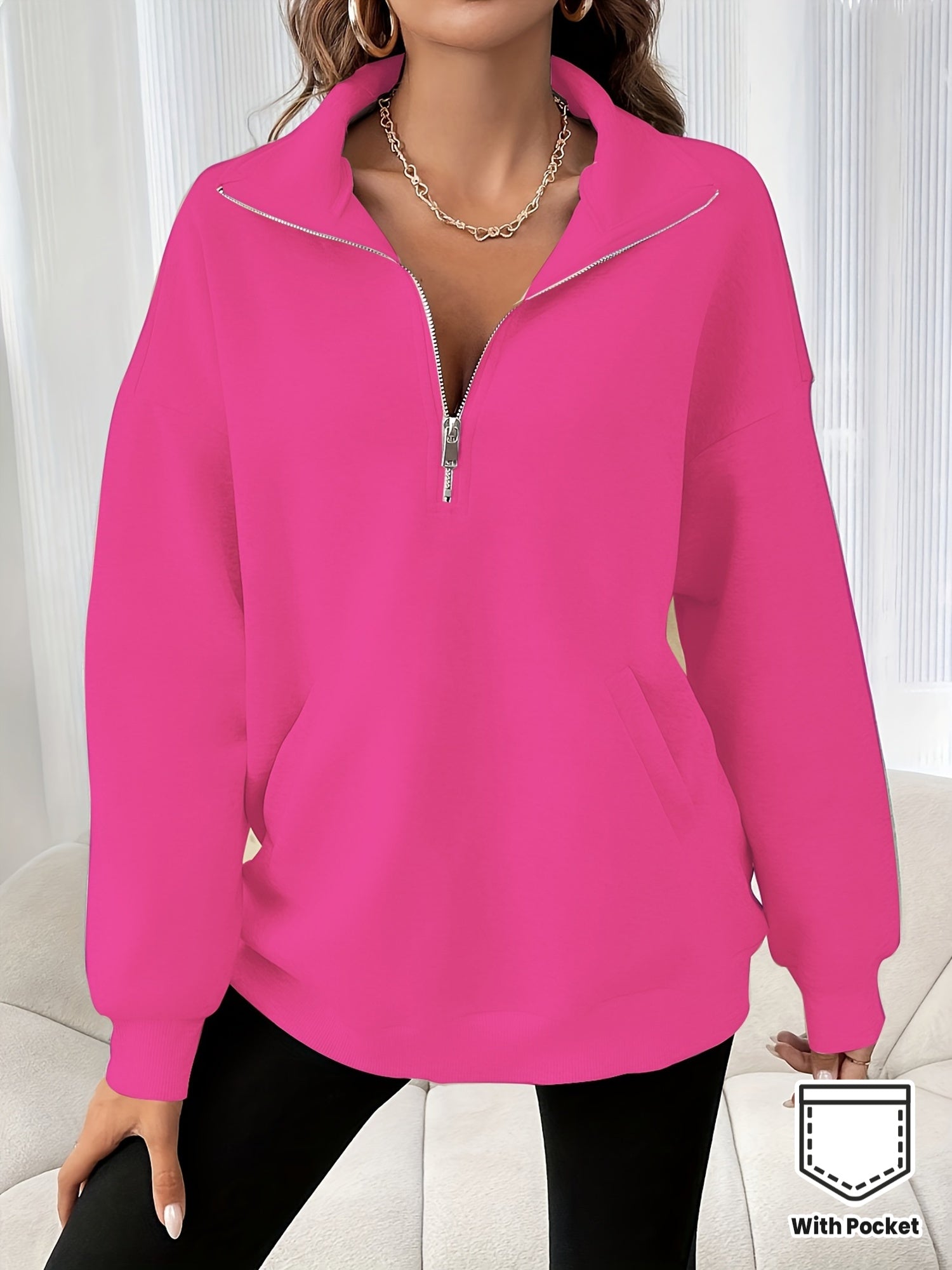 Cozy Zipper Slant Pockets Pullover Sweatshirt - Soft, Casual, Long Sleeve Crew Neck Design for Fall & Winter