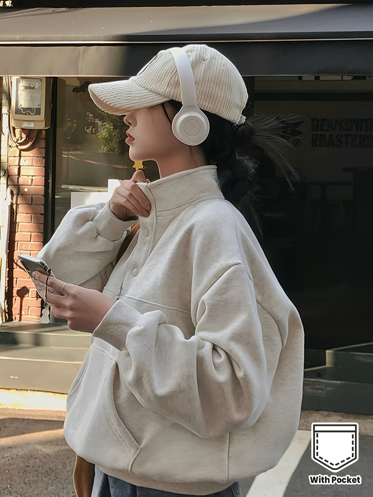 Solid Color Women's Elegant Stand Collar Fleece-Lined Sweatshirt - Long Sleeve Pullover with Pockets