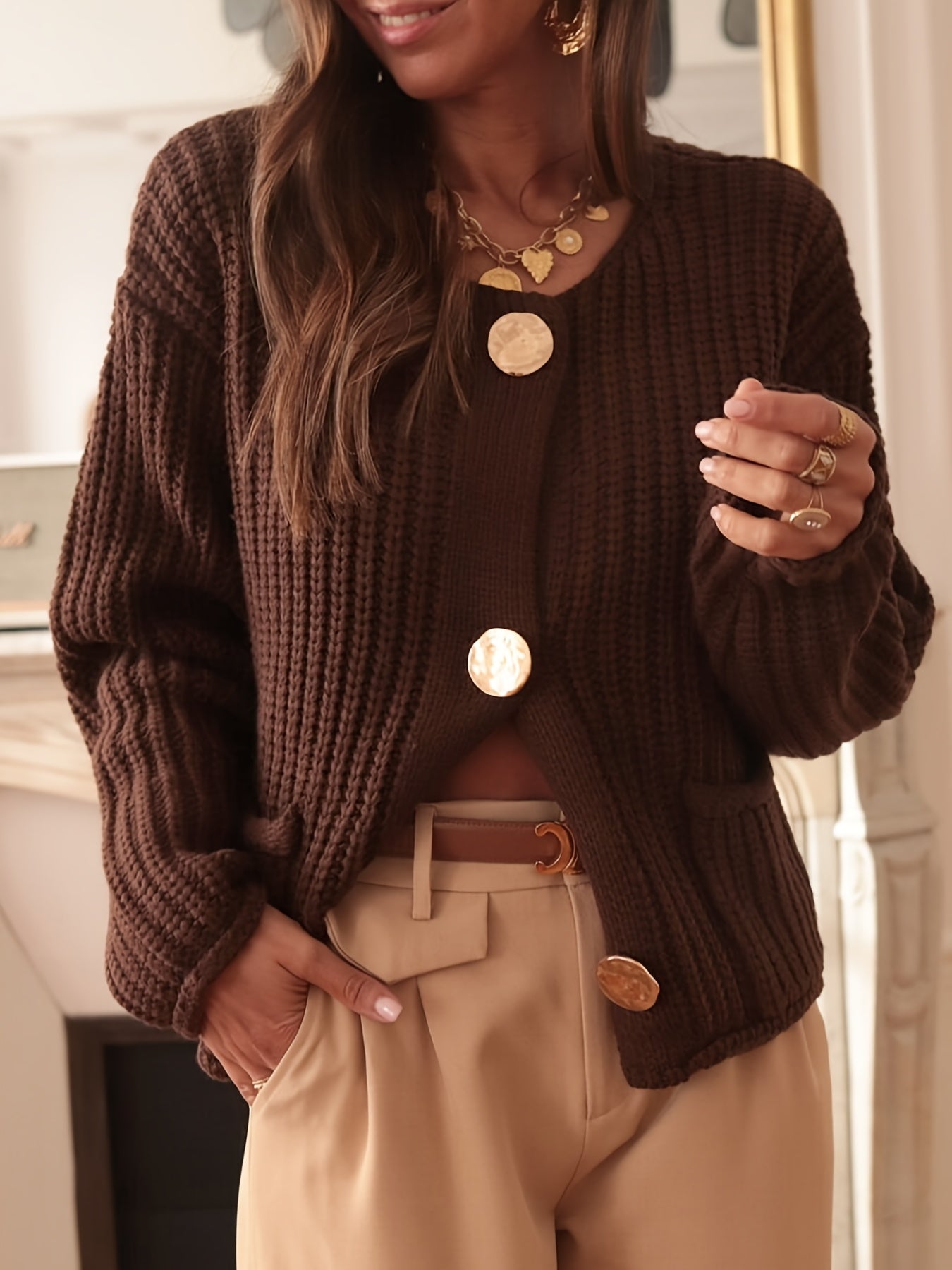 Loose Cardigan, Elegant Brown Crew Neck with Golden Buttons, Fashionable and Versatile