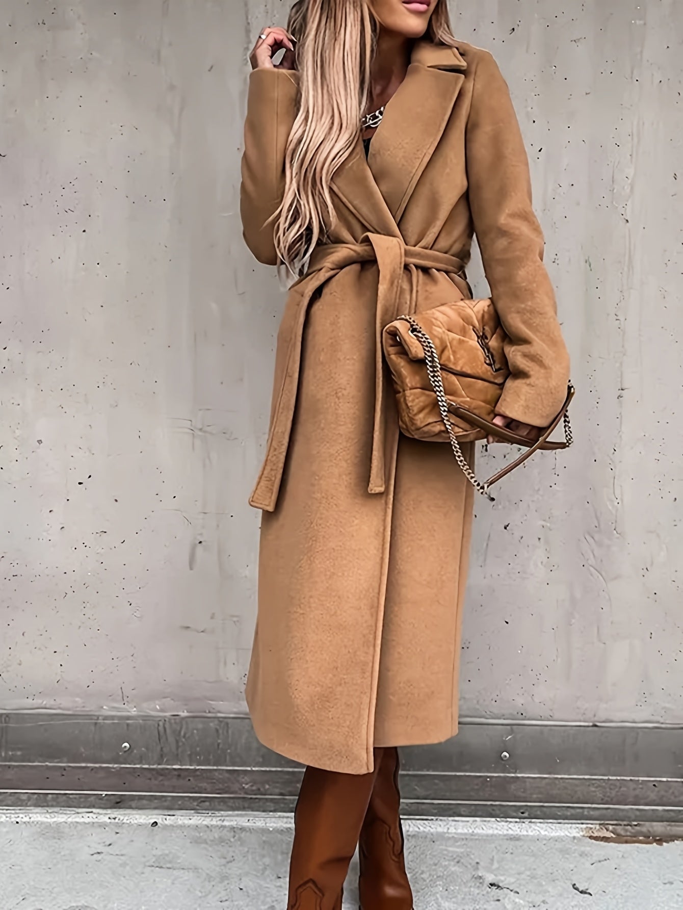 Plus Size, Women's Elegant Beige Trench-like coat - V-Neck Long Jacket with Adjustable waist belt