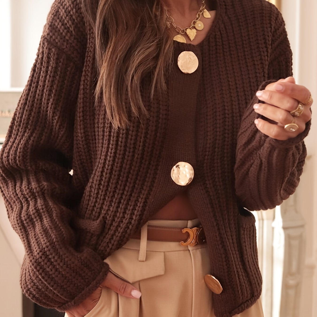 Loose Cardigan, Elegant Brown Crew Neck with Golden Buttons, Fashionable and Versatile
