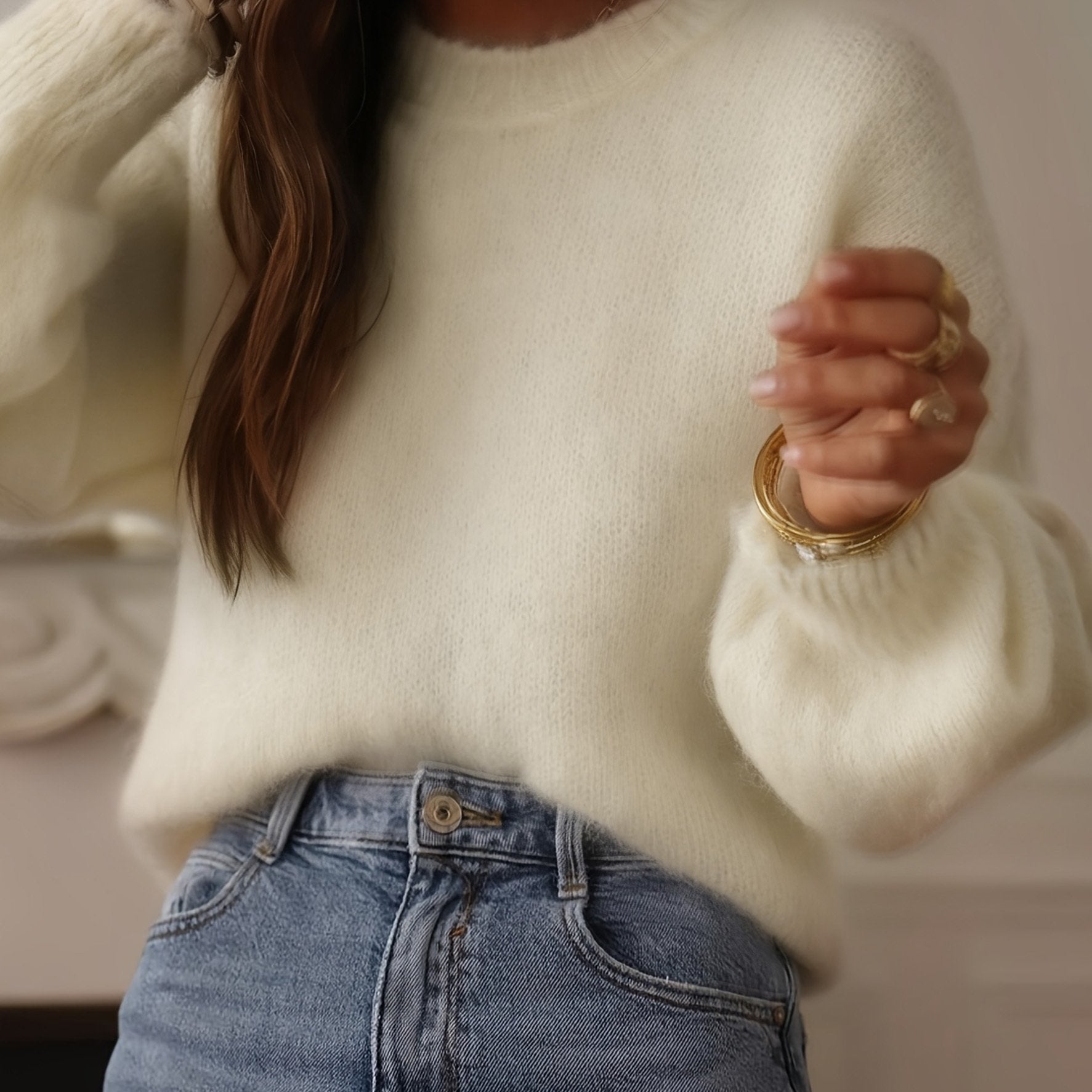 Elegant Oversized Sweater Soft Elegant Women's Beige Oversized Round Neck Sweater