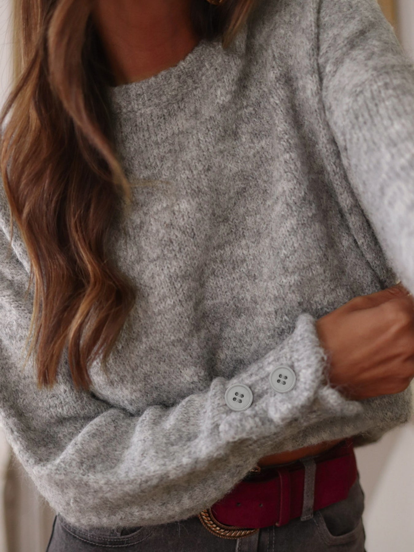 Plus Size, Women's Oversized Sweater - Winter Warmth with Faux Button Front Closure