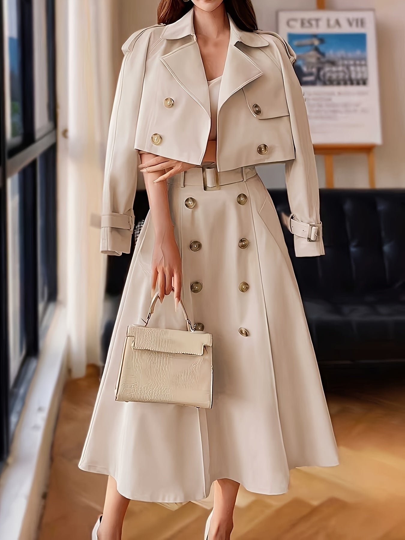 Women'S Chic Beige Double-Breasted Trench Coat & Skirt Set - Long Sleeve, Button-Up, Solid Color