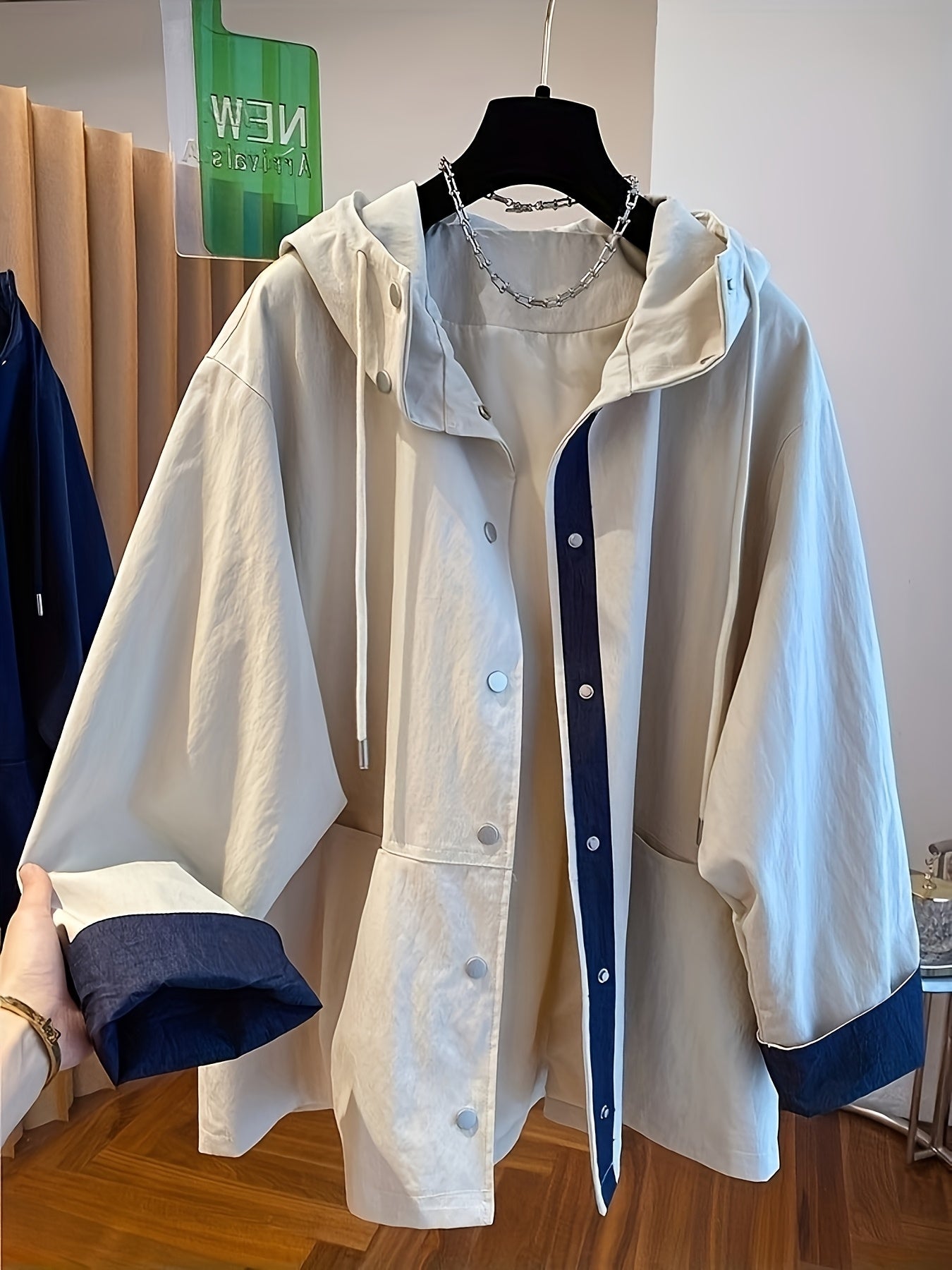 Women'S Hooded Windbreaker Jacket - Two-Tone Beige & Navy, Mid-Length Raincoat with Front Button Closure