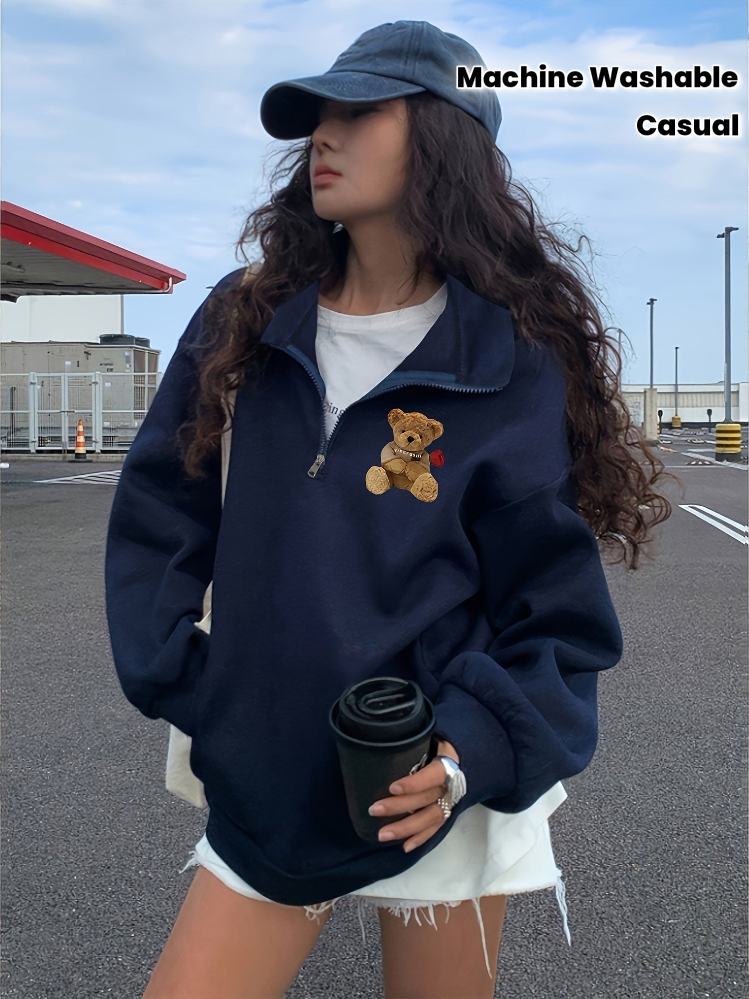 Women's Cute Teddy Bear & Heart Collar Sweatshirt - Cozy Collar Pullover Sweater, Black Casual Winter Sweater Jacket