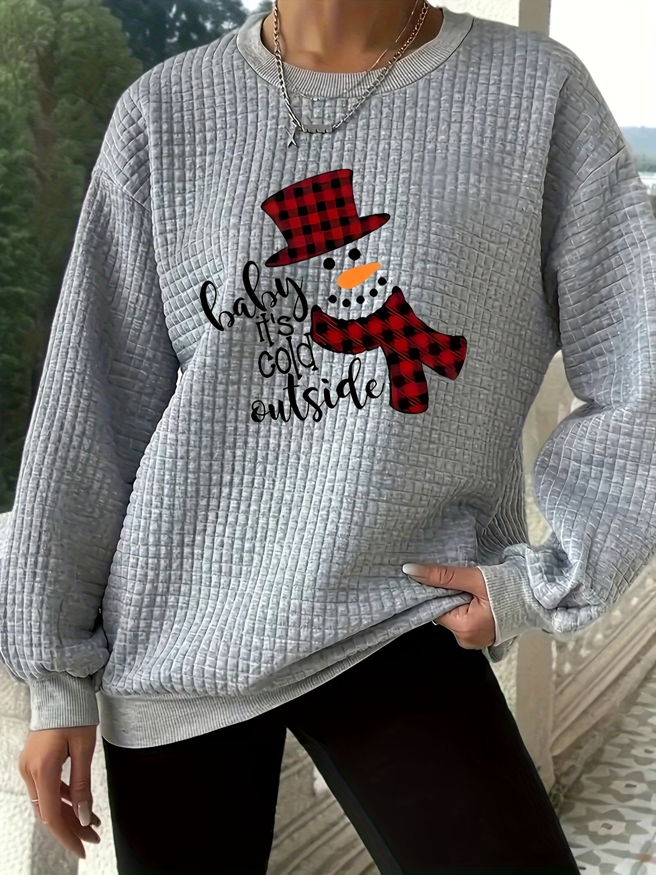 Plus Size Waffle Sweatshirt Cozy Plus Size Women's Waffle Sweatshirt - Festive Santa Hat & \