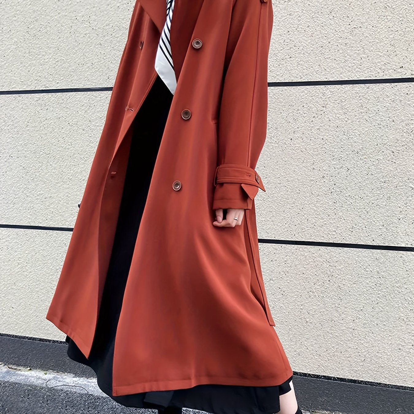 Elegant Orange Red Double-Breasted Trench Coat for Women - Loose Fit, Long Style, Polyester
