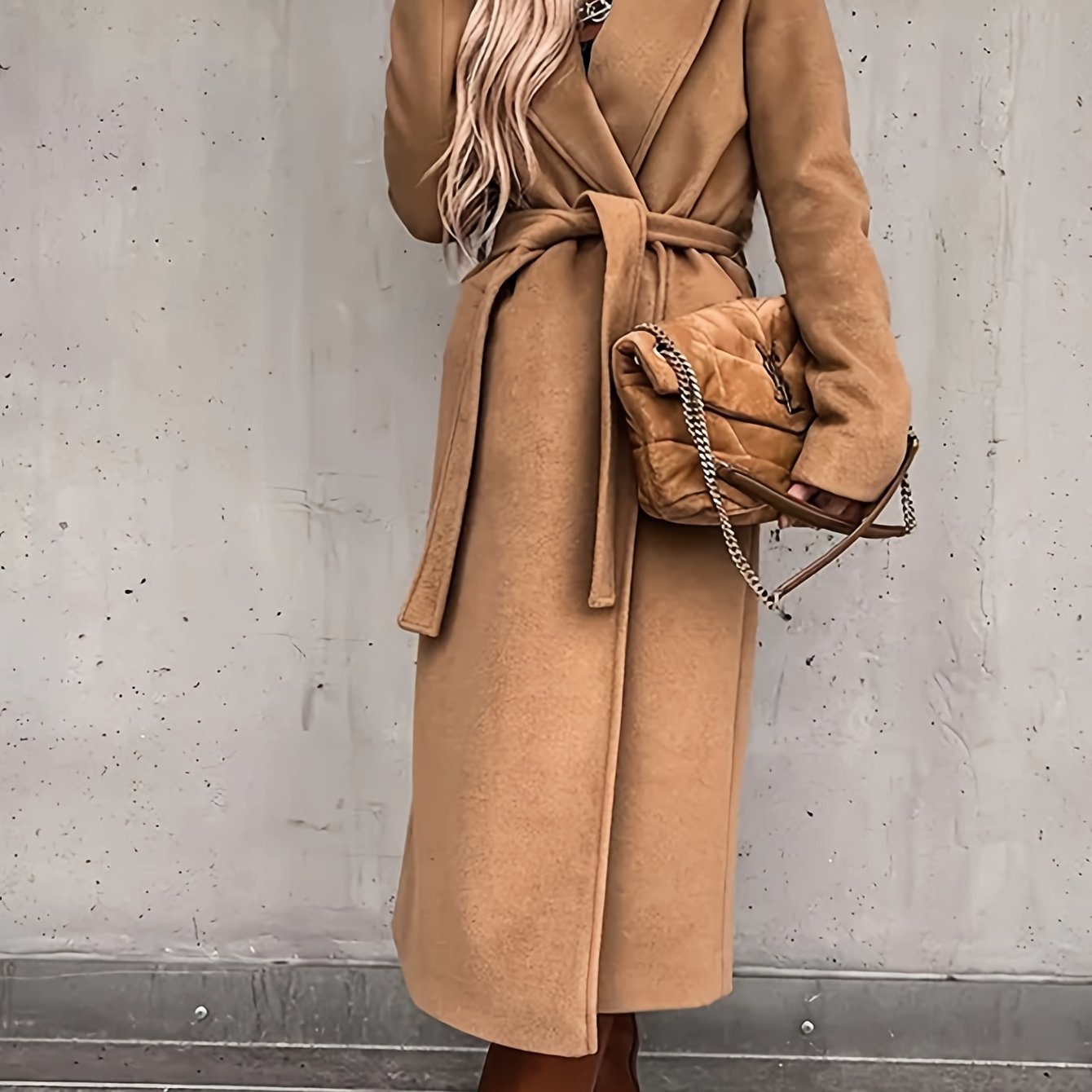 Plus Size, Women's Elegant Beige Trench-like coat - V-Neck Long Jacket with Adjustable waist belt
