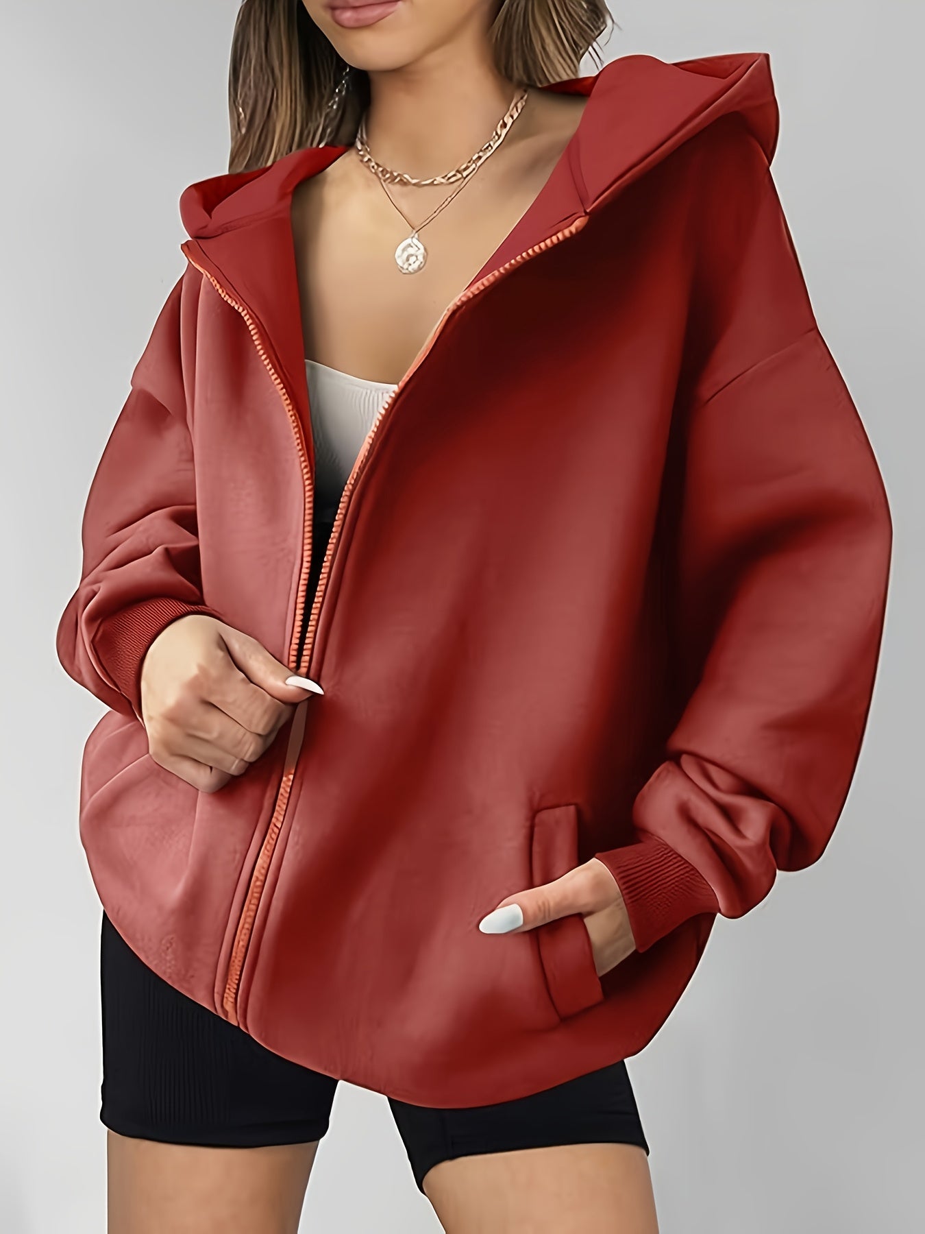 Women'S Plus Size Elegant Solid Color Hooded Sweatshirt - Cozy Zip-Up Pullover with Drawstring Hood