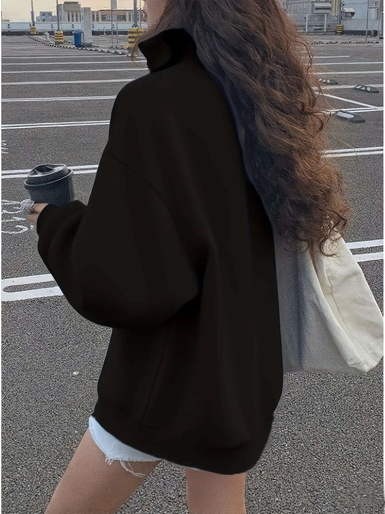 Women's Cute Teddy Bear & Heart Collar Sweatshirt - Cozy Collar Pullover Sweater, Black Casual Winter Sweater Jacket