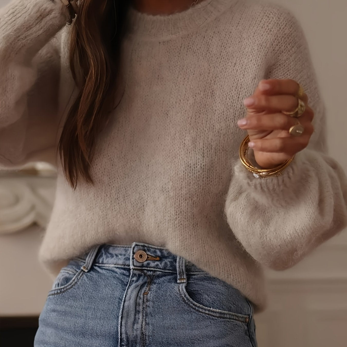 Elegant Oversized Sweater Soft Elegant Women's Beige Oversized Round Neck Sweater