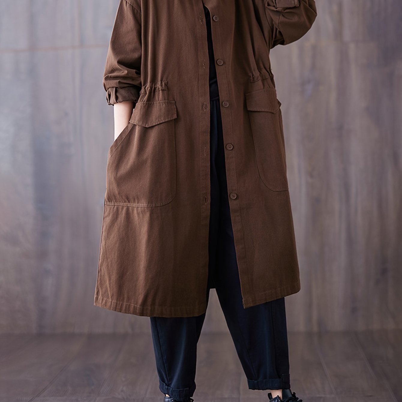 Autumn and Winter New Stand Collar Single-Breasted Cardigan Coat for Women, Mid-Length Long Sleeve Trench Coat