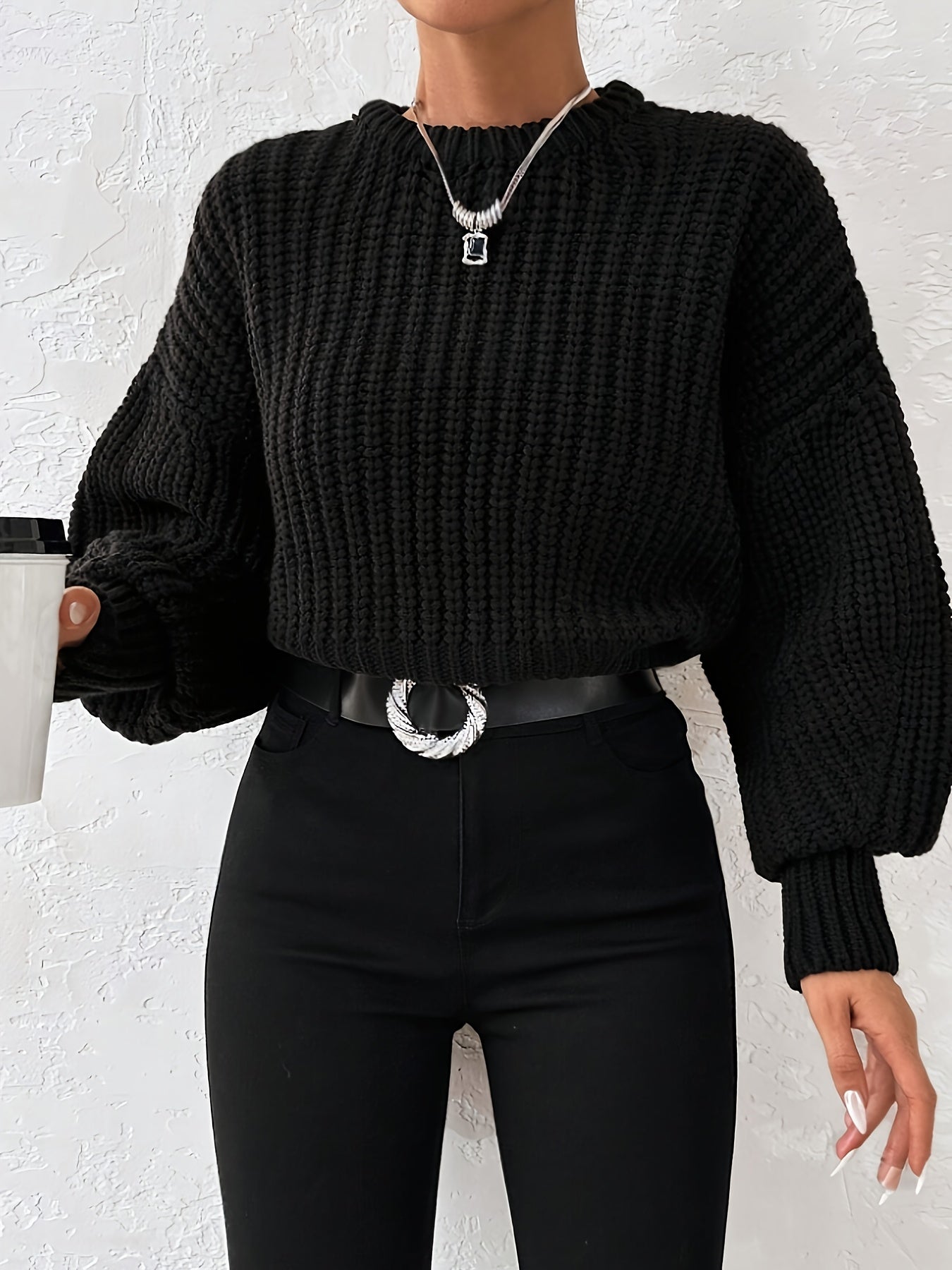 Plus Size - Elegant Lantern Sleeve Crew Neck Solid Color Slim Fit Short Pullover Sweater
