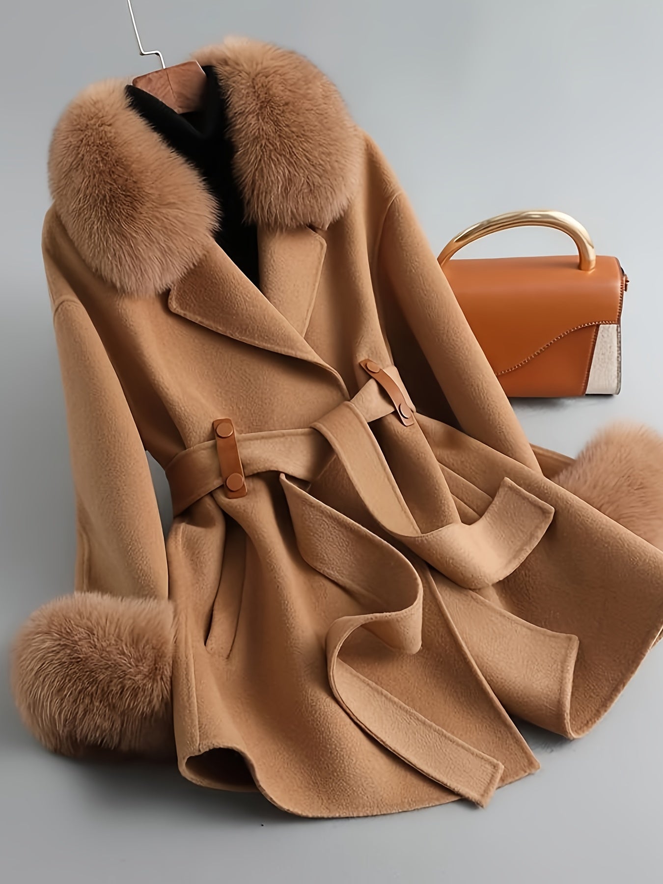 Women'S Elegant Winter Coat Jacket - \u002F Brown - Long Sleeve Trench Coat with Beltless Closure